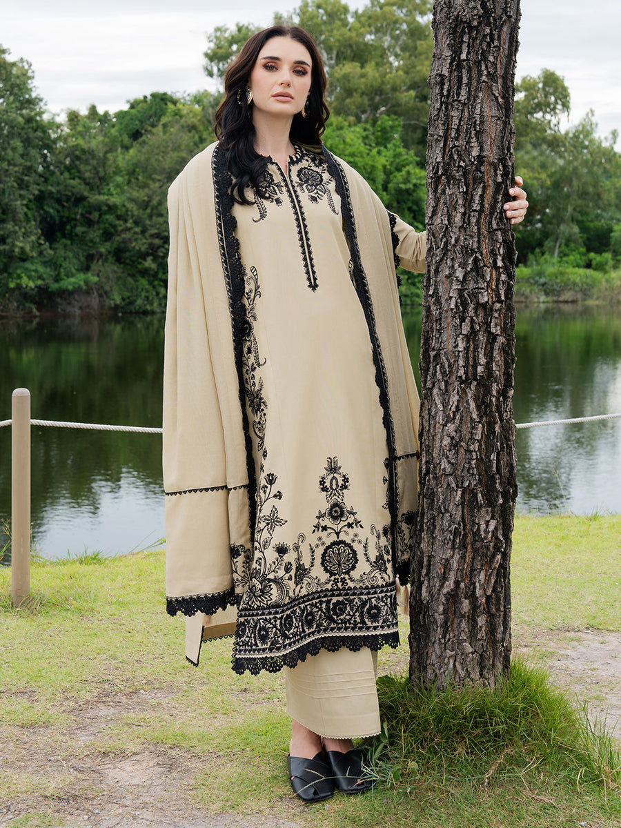 Faiza Faisal Hoor Embroidered Karandi Unstitched 3Pc Suit - ALAYNA