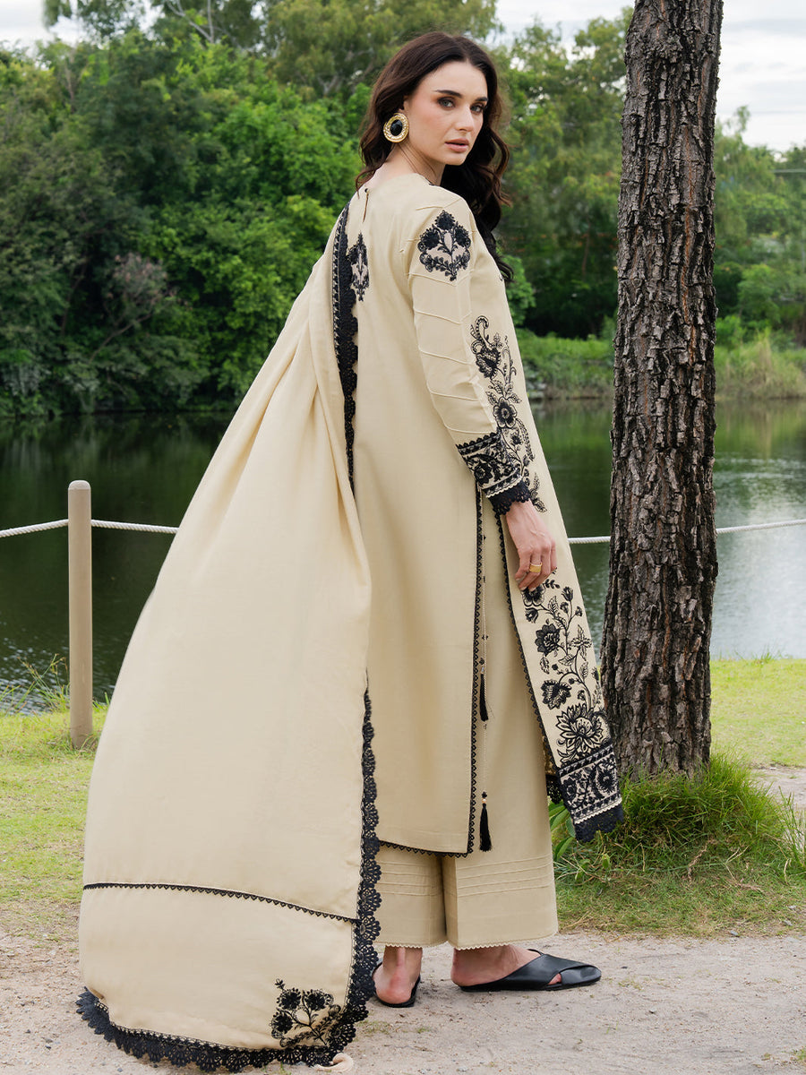 Faiza Faisal Hoor Embroidered Karandi Unstitched 3Pc Suit - ALAYNA