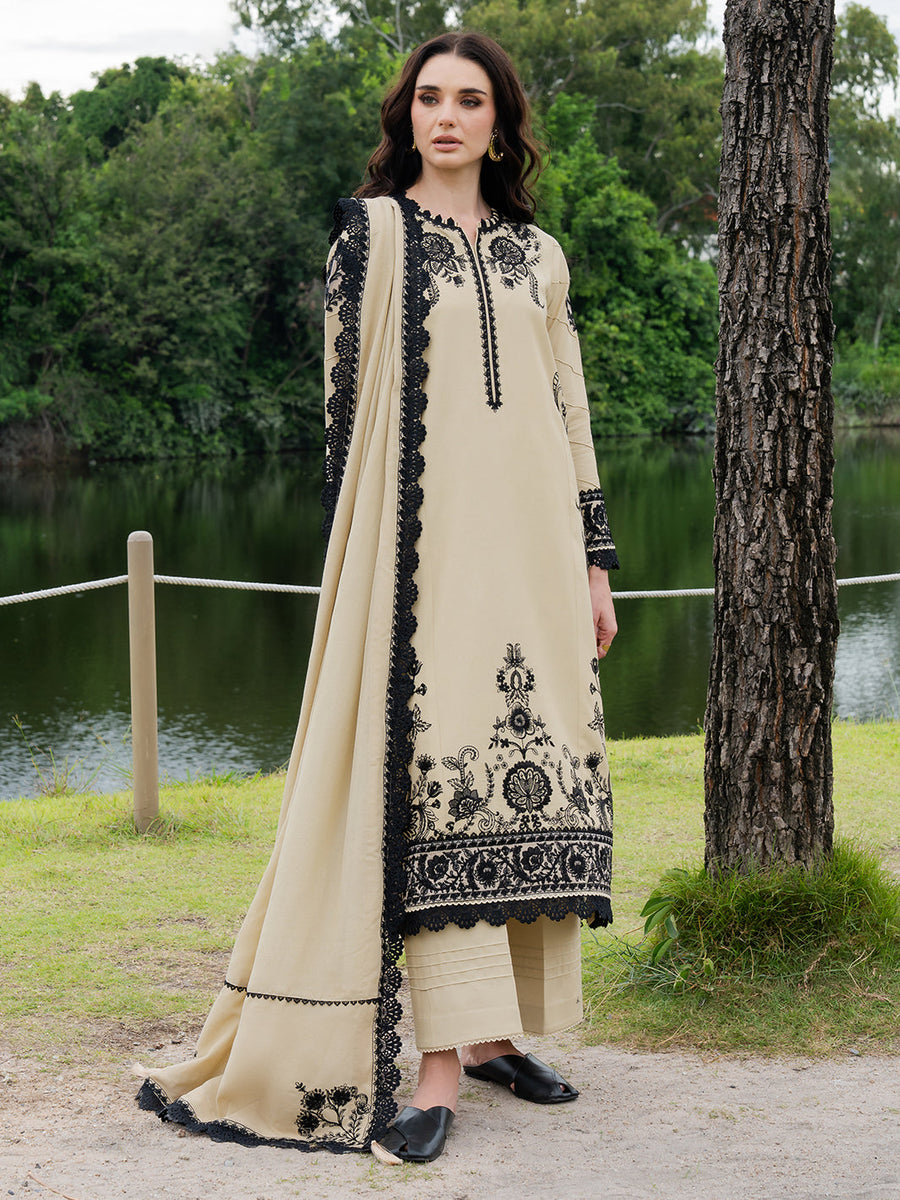 Faiza Faisal Hoor Embroidered Karandi Unstitched 3Pc Suit - ALAYNA