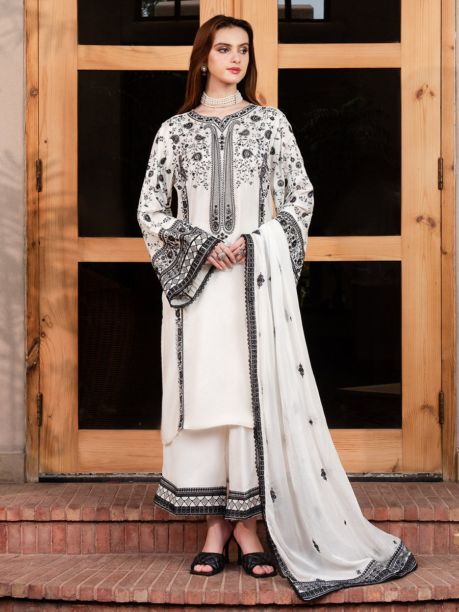Faiza Faisal Signature Pret Dyed Embroidered Raw Silk 3Pc Suit - AMBER