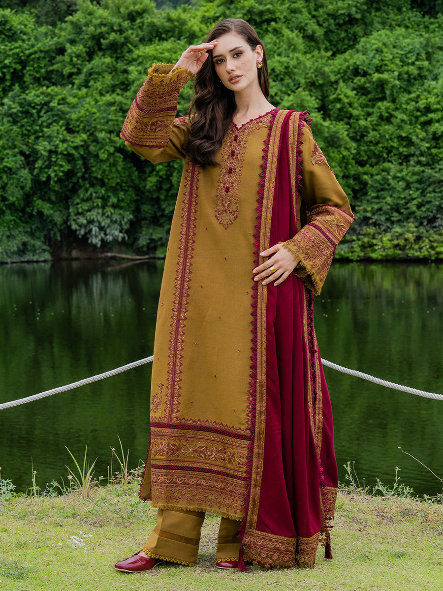 Faiza Faisal Hoor Embroidered Karandi Unstitched 3Pc Suit - AZIRA