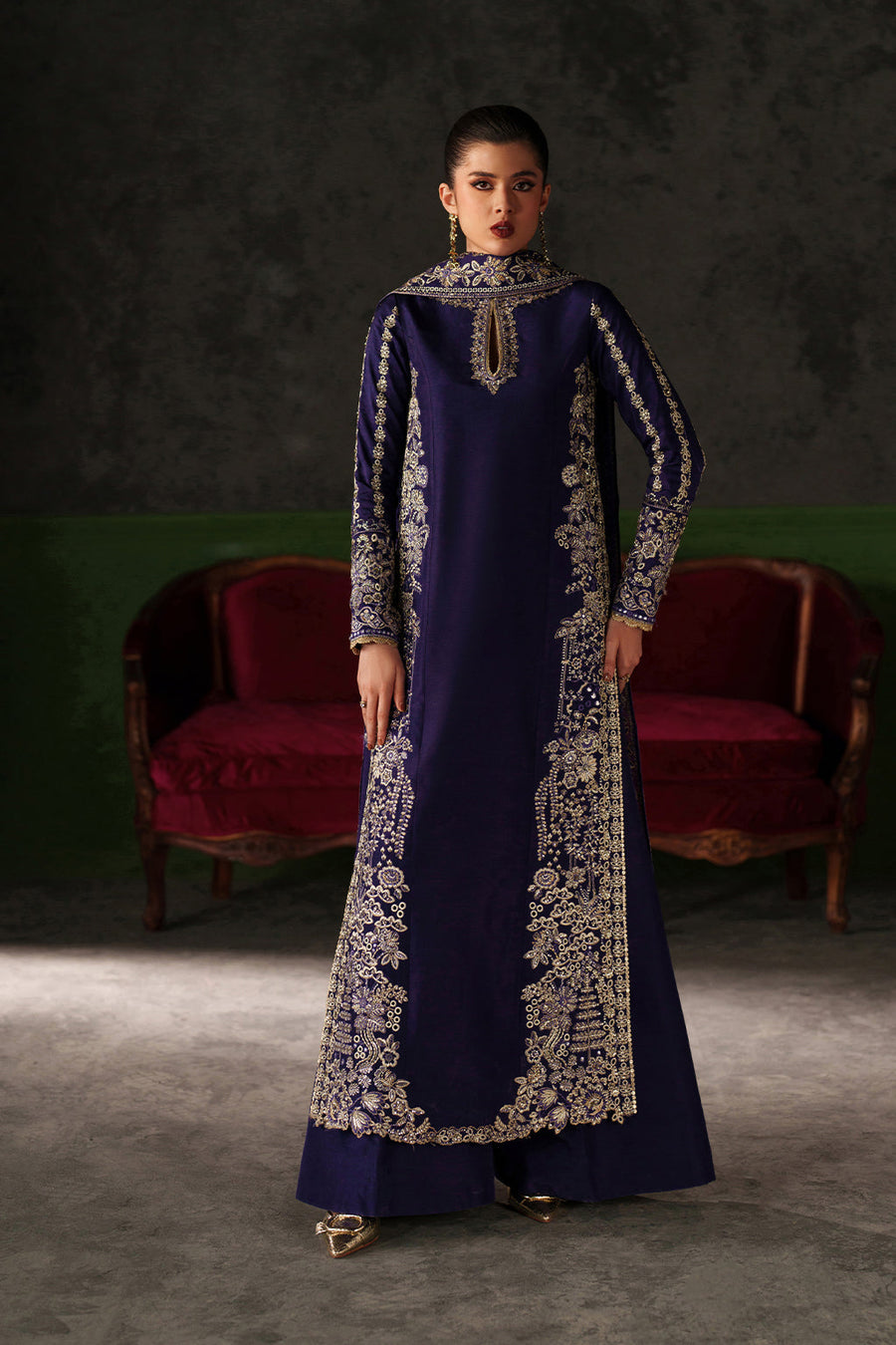 Emaan Adeel Verve Embroidered Raw Silk Unstitched 3Pc Suit - AZURE SAPPHIRE