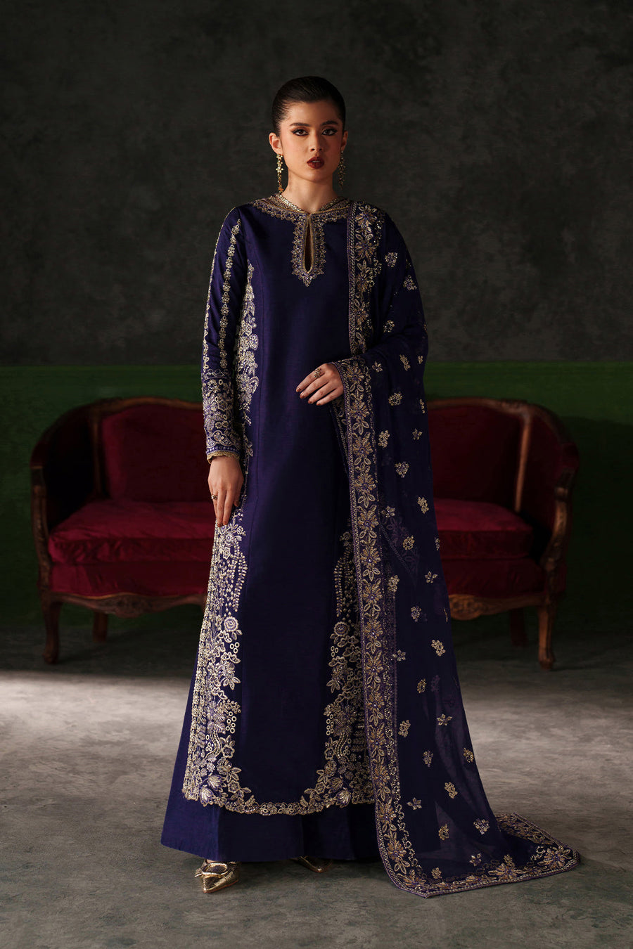 Emaan Adeel Verve Embroidered Raw Silk Unstitched 3Pc Suit - AZURE SAPPHIRE