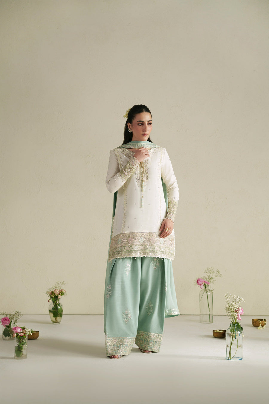 VERA Embroidered Raw Silk Unstitched 3Pc Suit - Aab Ivory
