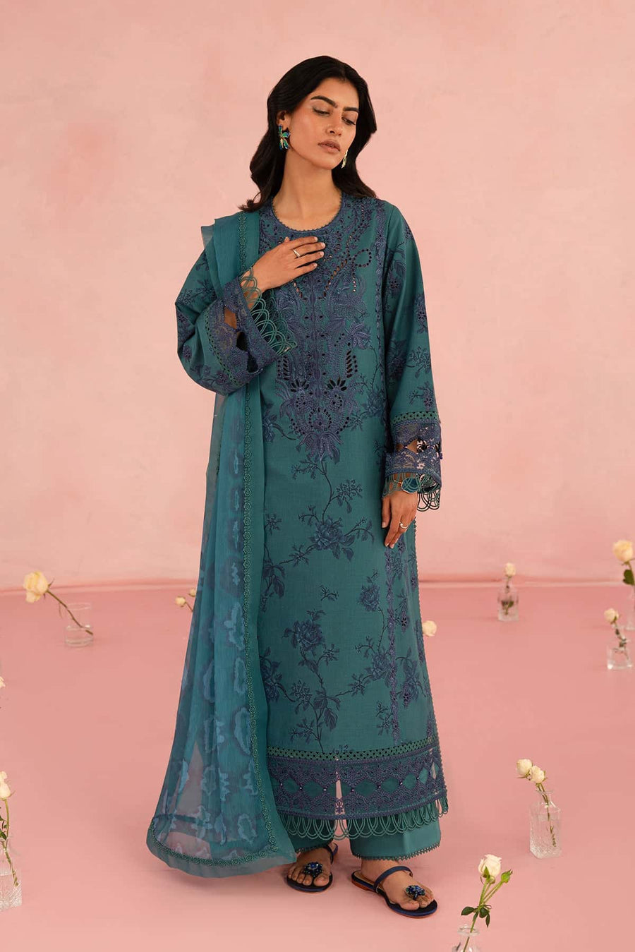 Afrozeh Floral Charm Embroidered Lawn Unstitched 3Pc Suit AL-25-V5-03 Acacia