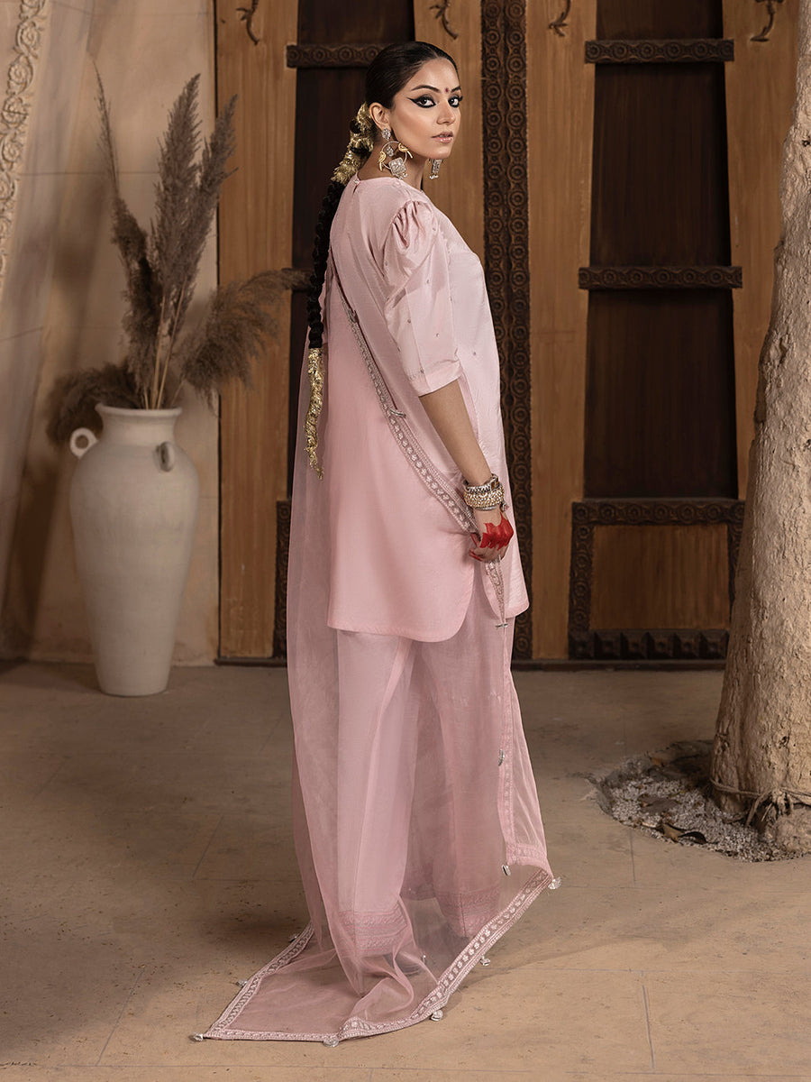 Hemstitch Embroidered Raw Silk Ready to Wear 3Pc Suit - Aleeha