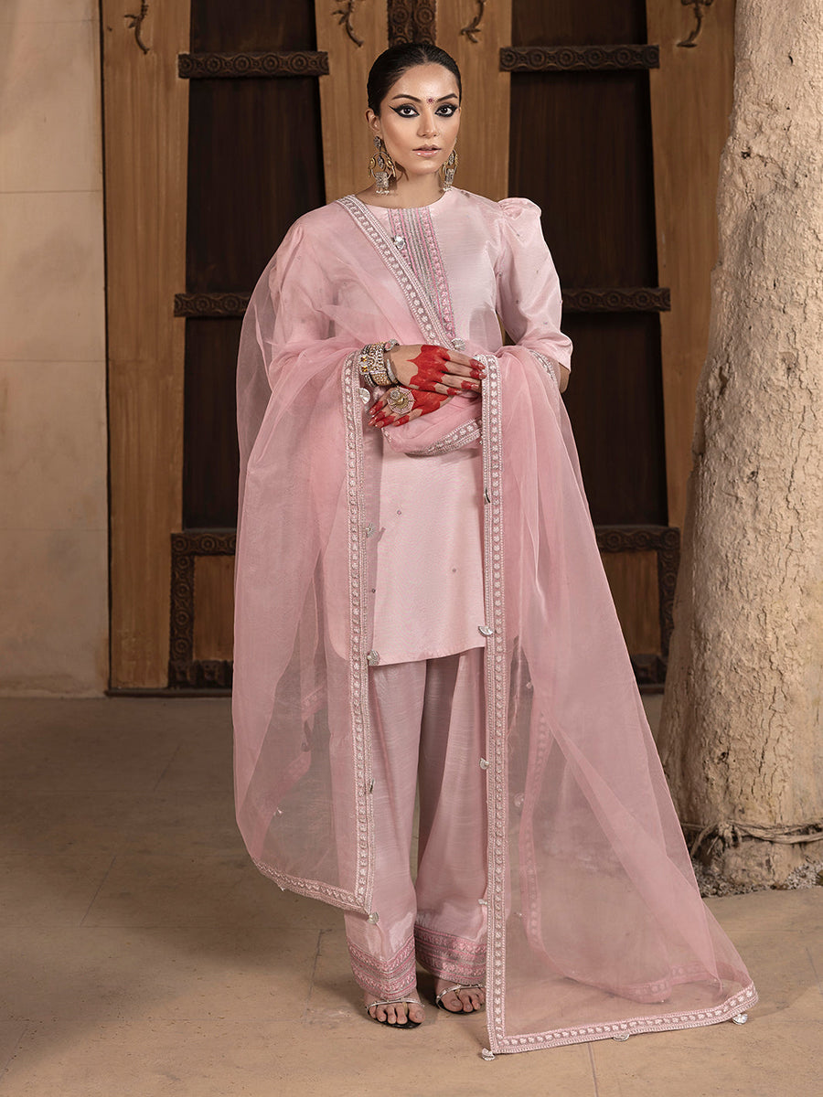 Hemstitch Embroidered Raw Silk Ready to Wear 3Pc Suit - Aleeha