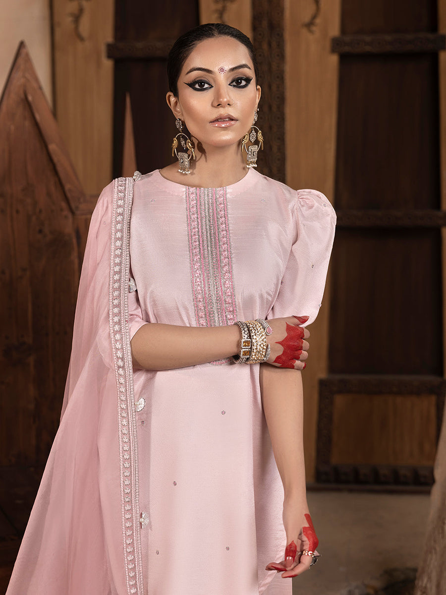 Hemstitch Embroidered Raw Silk Ready to Wear 3Pc Suit - Aleeha