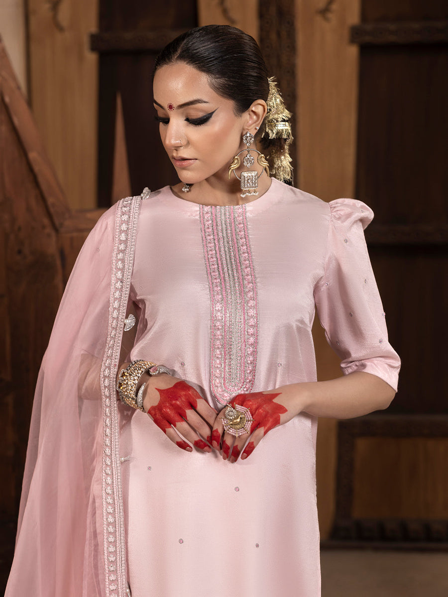 Hemstitch Embroidered Raw Silk Ready to Wear 3Pc Suit - Aleeha