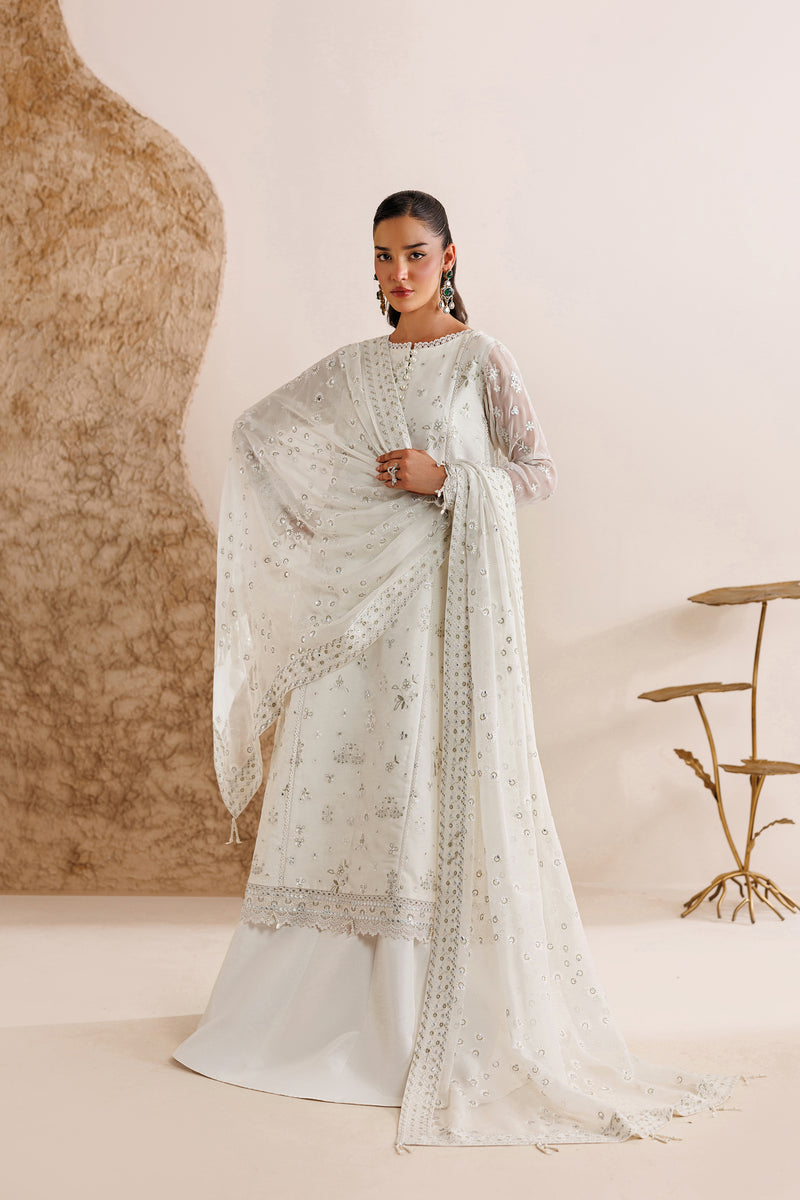 Farasha Luxury Formal Embroidered Chiffon Unstitched 3Pc Suit - Alpine White