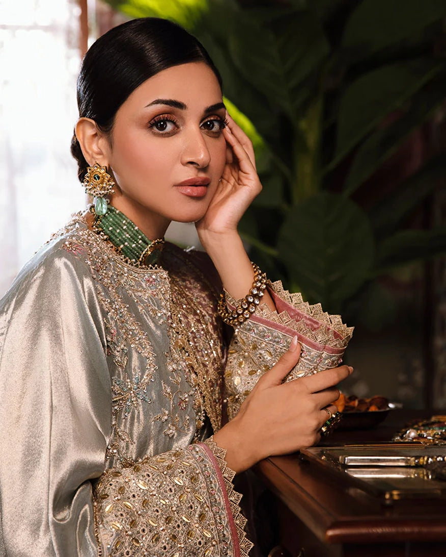 Mushq Sunehri Ramsha Edit Zari Silk Stitched 3Pc Suit - Amaya