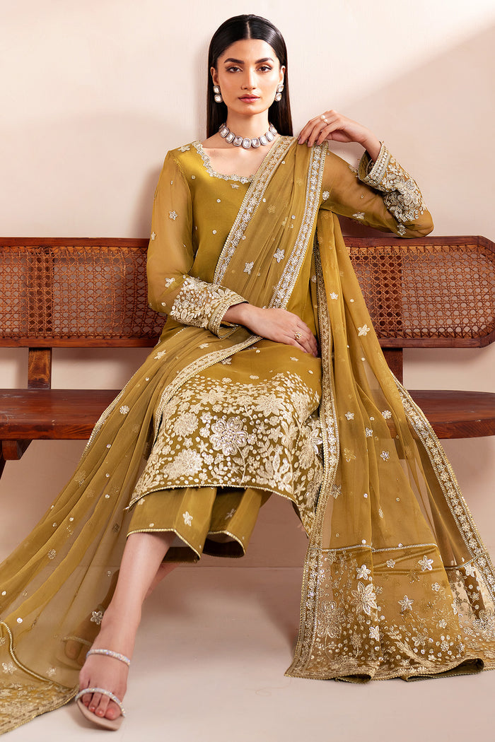 Farasha Luxury Formal Embroidered Chiffon Unstitched 3Pc Suit - Amber