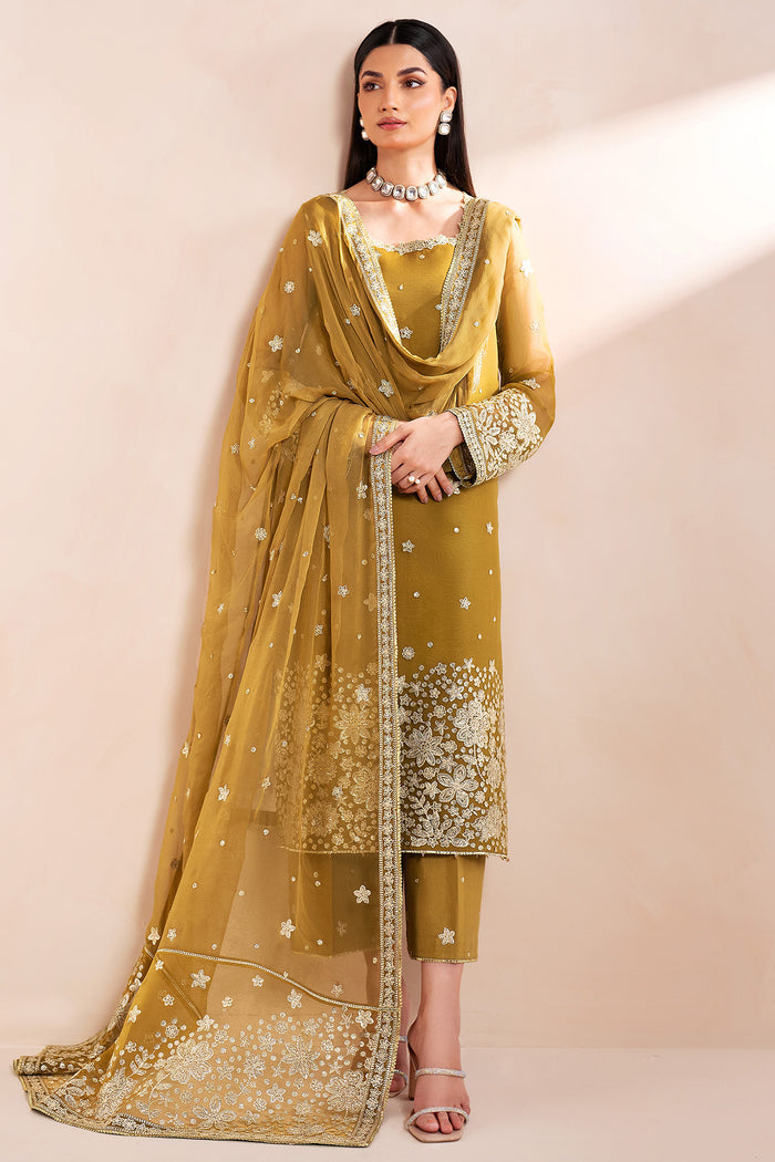 Farasha Luxury Formal Embroidered Chiffon Unstitched 3Pc Suit - Amber