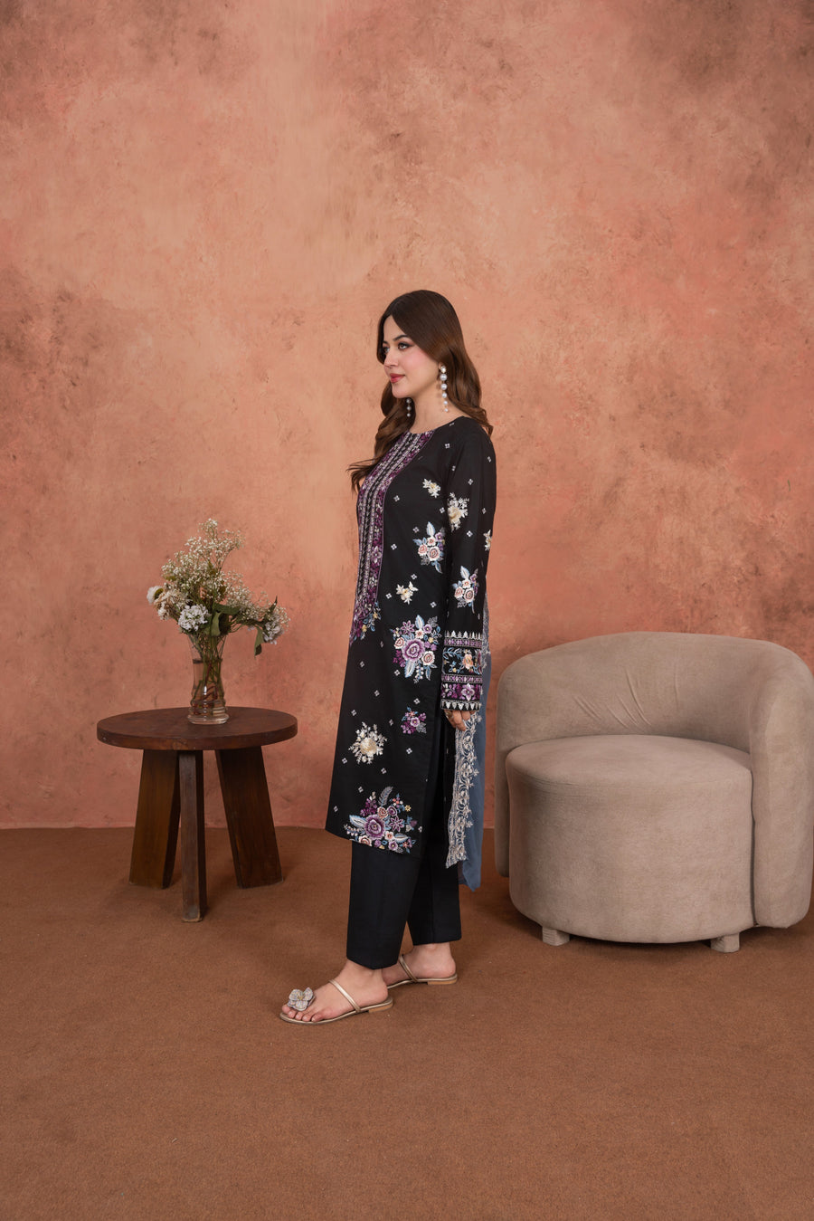 Feathers Premium Embroidered Lawn Unstitched 3Pc Suit - Amethyst Noir