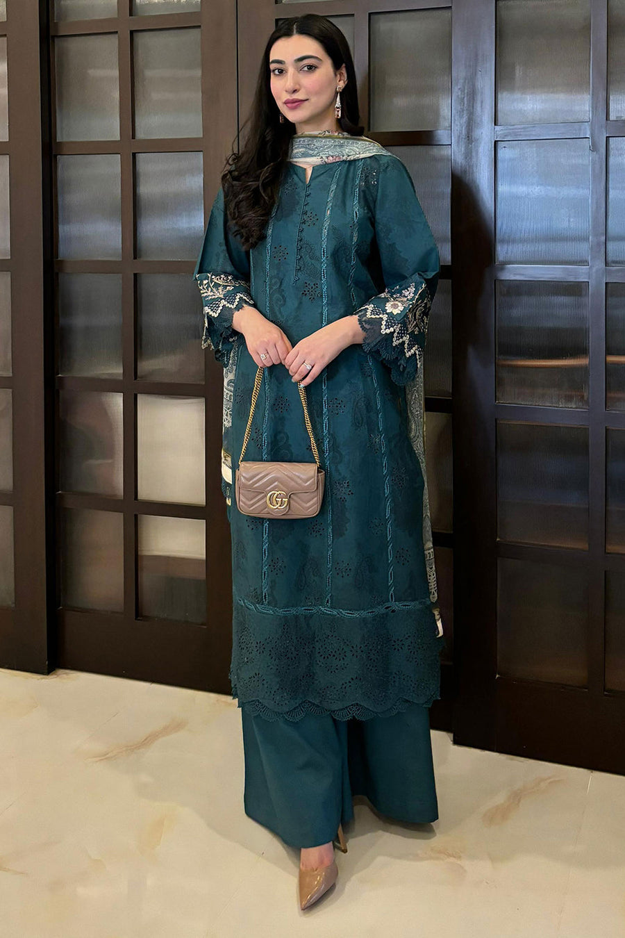 Neeshay Summer Lines Printkari Lawn Unstitched 3Pc Suit - LAGOON