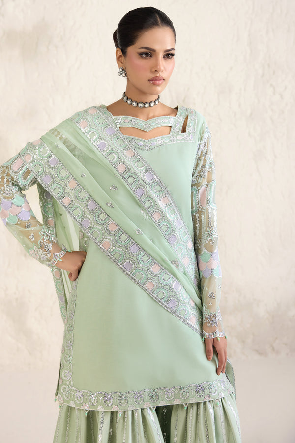 Farasha Embroidered Luxury Chiffon Unstitched 3Pc Suit - Aqua Bell