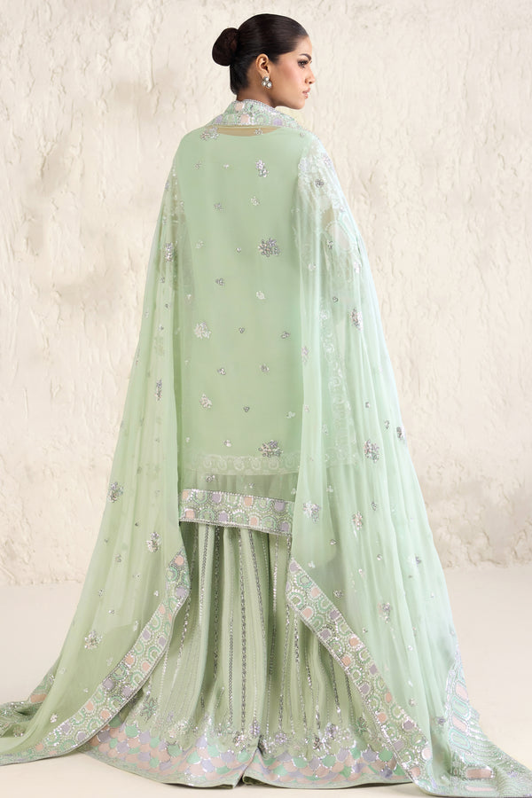 Farasha Embroidered Luxury Chiffon Unstitched 3Pc Suit - Aqua Bell