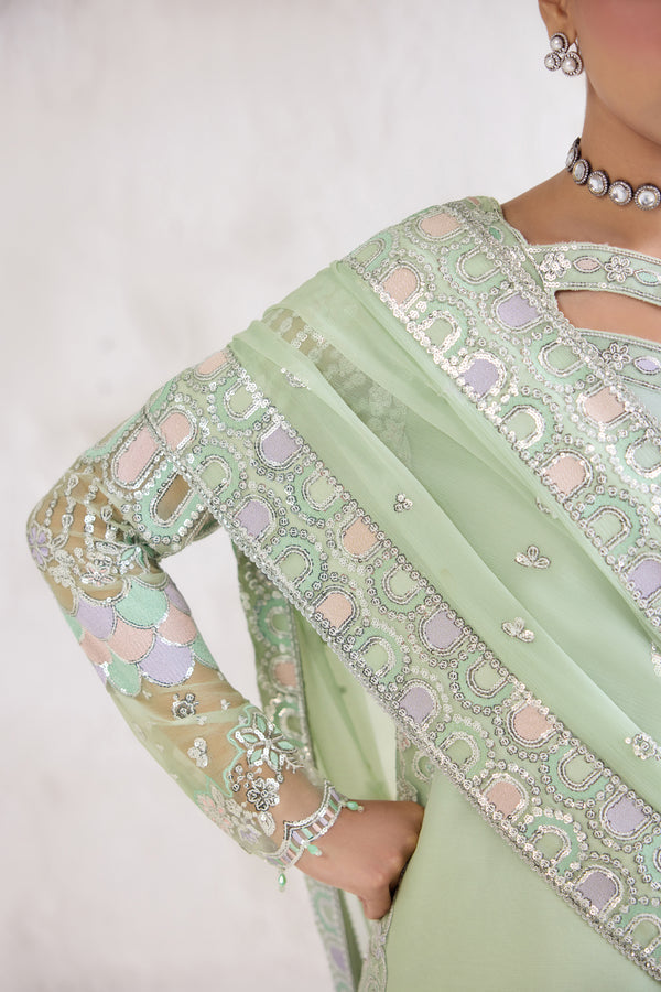 Farasha Embroidered Luxury Chiffon Unstitched 3Pc Suit - Aqua Bell