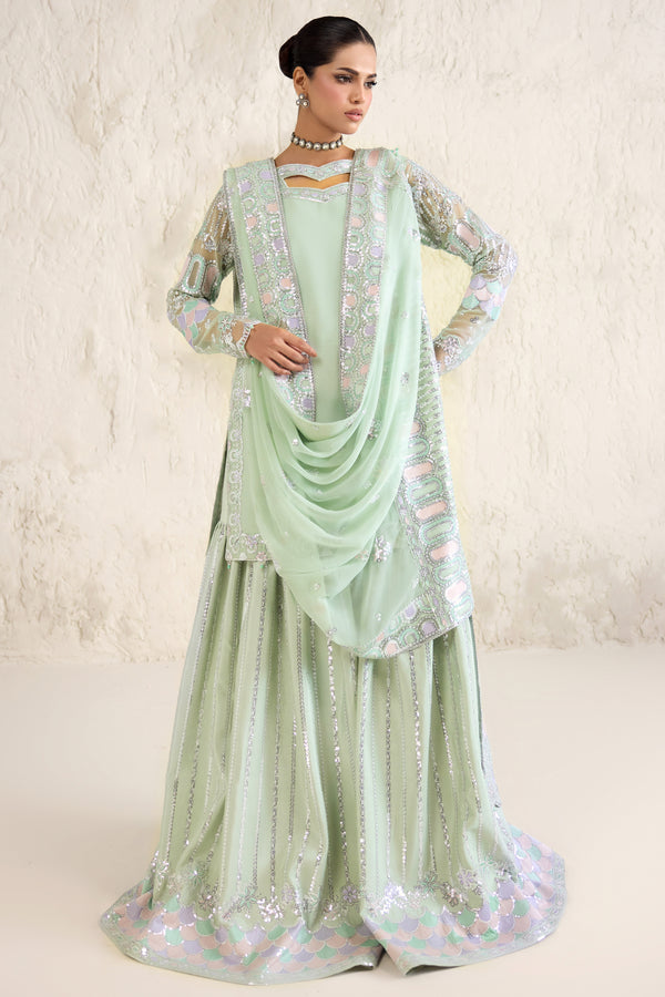 Farasha Embroidered Luxury Chiffon Unstitched 3Pc Suit - Aqua Bell