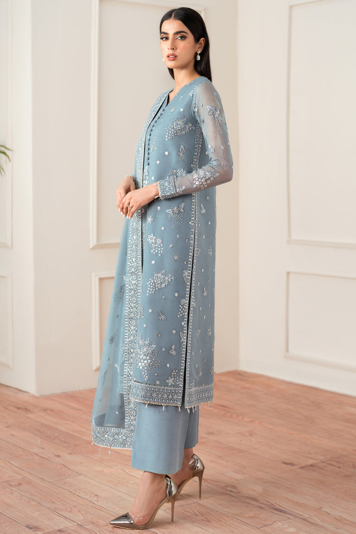 Farasha Essence Embroidered Chiffon Unstitched 3Pc Suit - Aqua Bliss