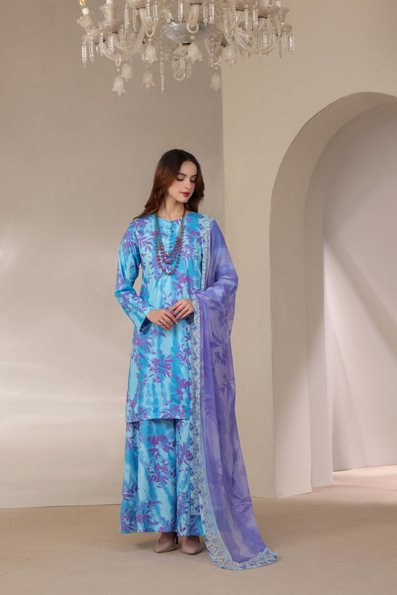 Feathers The Imperial Bloom Printed Lawn Unstitched 3Pc Suit Aqua Hibiscus-FT659