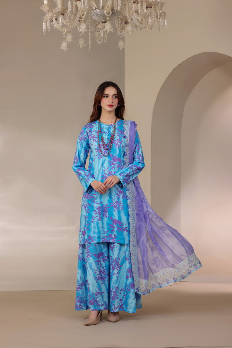 Feathers The Imperial Bloom Printed Lawn Unstitched 3Pc Suit Aqua Hibiscus-FT659