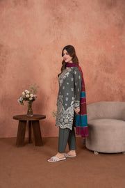 Feathers Premium Embroidered Lawn Unstitched 3Pc Suit - Ashen Silver Whitework