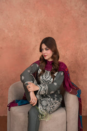 Feathers Premium Embroidered Lawn Unstitched 3Pc Suit - Ashen Silver Whitework