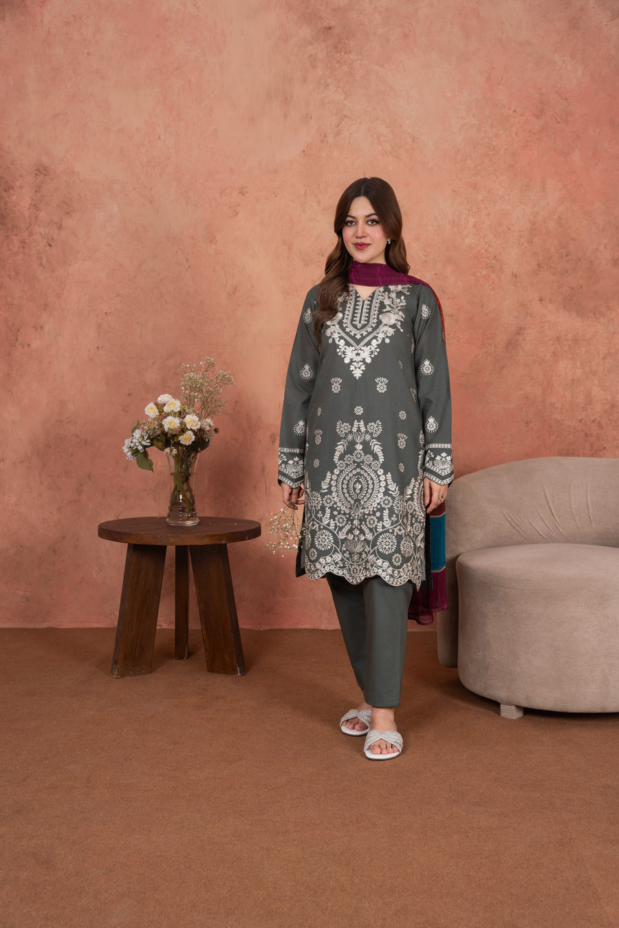 Feathers Premium Embroidered Lawn Unstitched 3Pc Suit - Ashen Silver Whitework