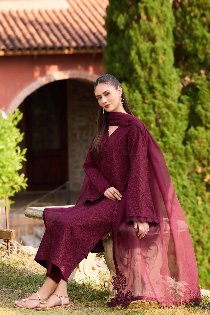 Farasha Sorine Summer Embroidered Lawn Unstitched 3Pc Suit - Autumn Maroon