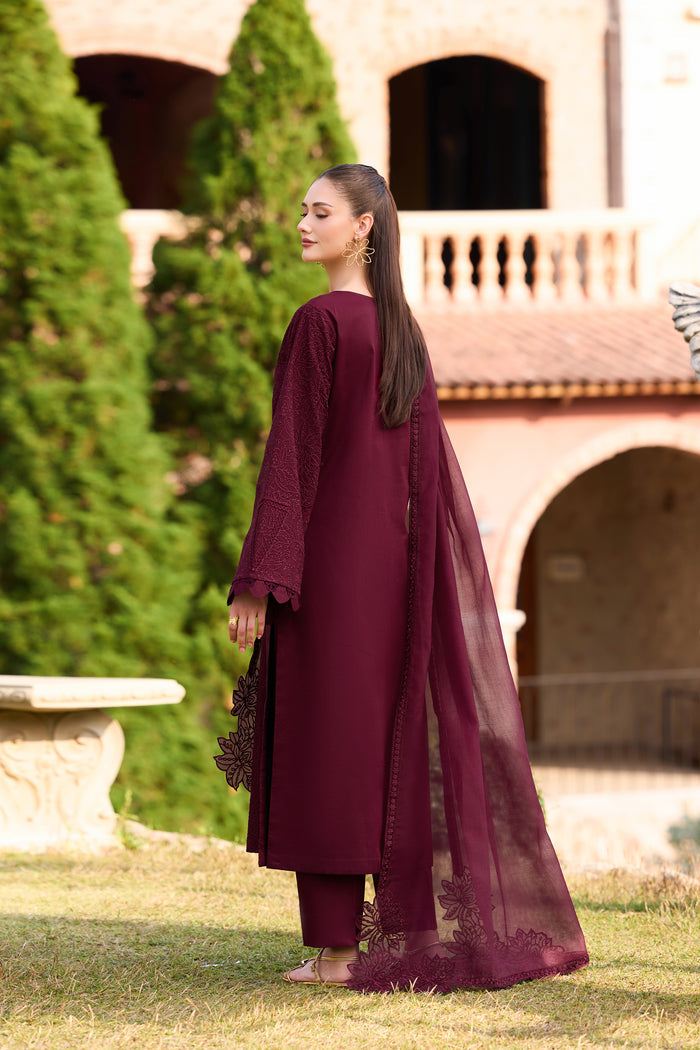 Farasha Sorine Summer Embroidered Lawn Unstitched 3Pc Suit - Autumn Maroon