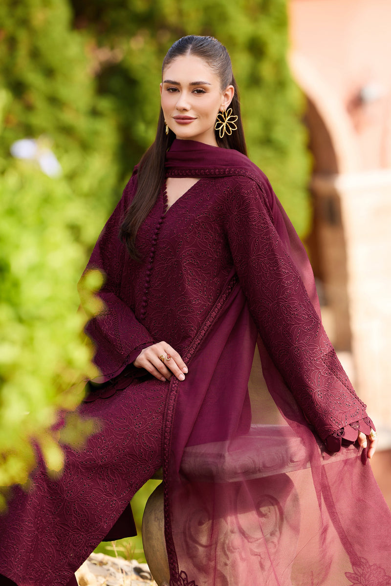 Farasha Sorine Summer Embroidered Lawn Unstitched 3Pc Suit - Autumn Maroon