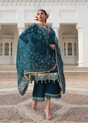 Hussain Rehar Kalabagh Unstitched Embroidered Lawn 3Pc Suit - Azraq