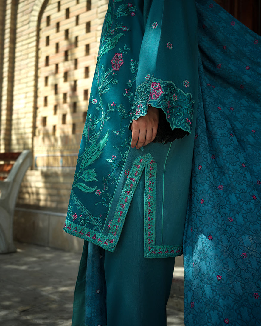 Hemline by Mushq Bukhara Embroidered Viscose Unstitched 3Pc Suit - Azure Courtyard
