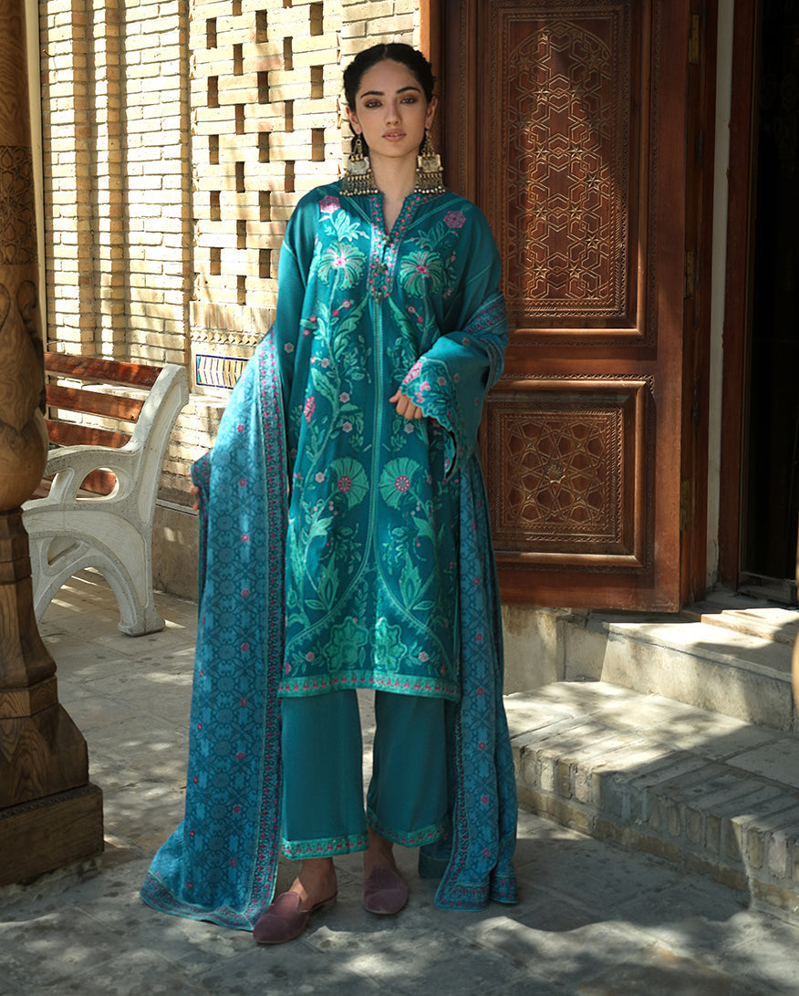 Hemline by Mushq Bukhara Embroidered Viscose Unstitched 3Pc Suit - Azure Courtyard