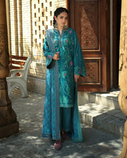 Hemline by Mushq Bukhara Embroidered Viscose Unstitched 3Pc Suit - Azure Courtyard