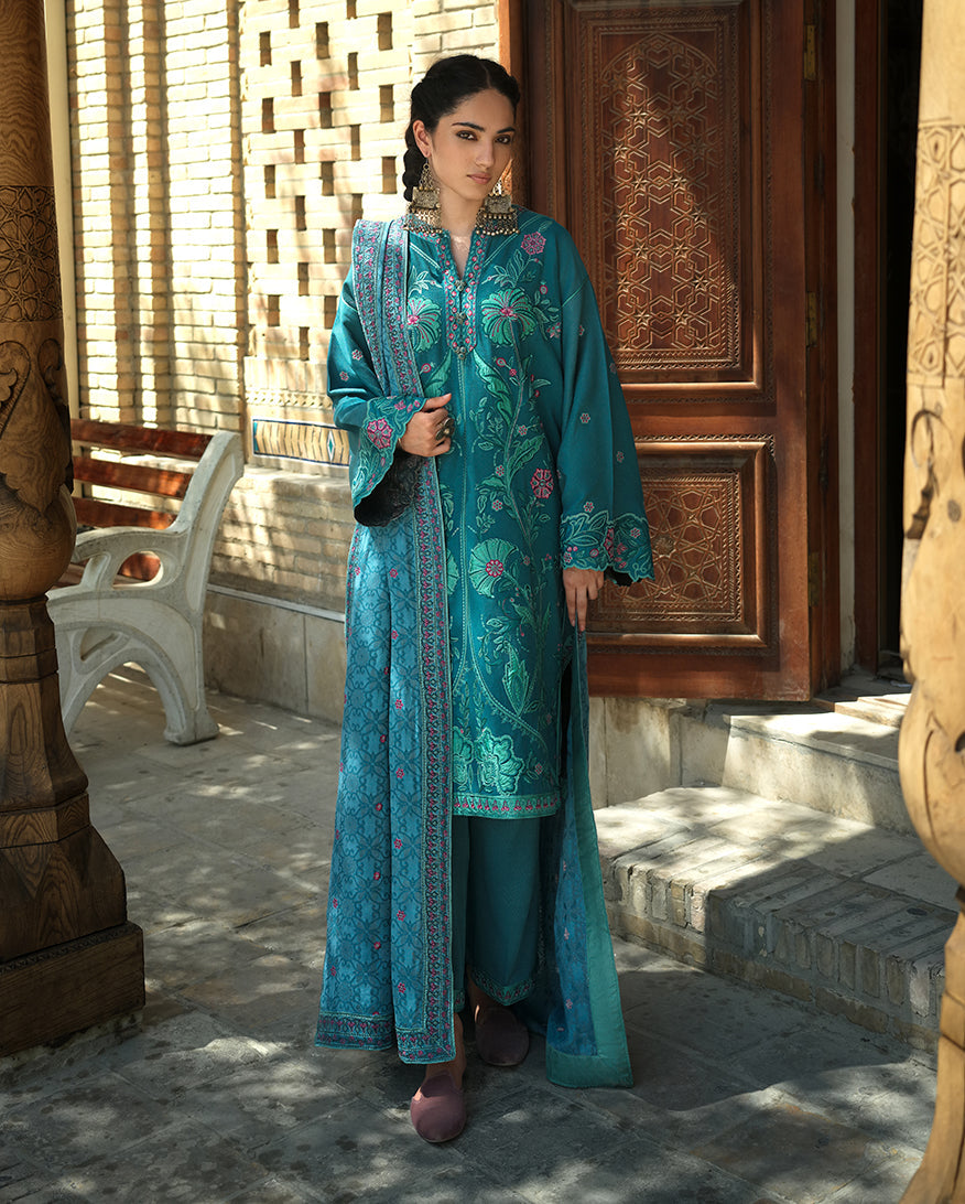 Hemline by Mushq Bukhara Embroidered Viscose Unstitched 3Pc Suit - Azure Courtyard