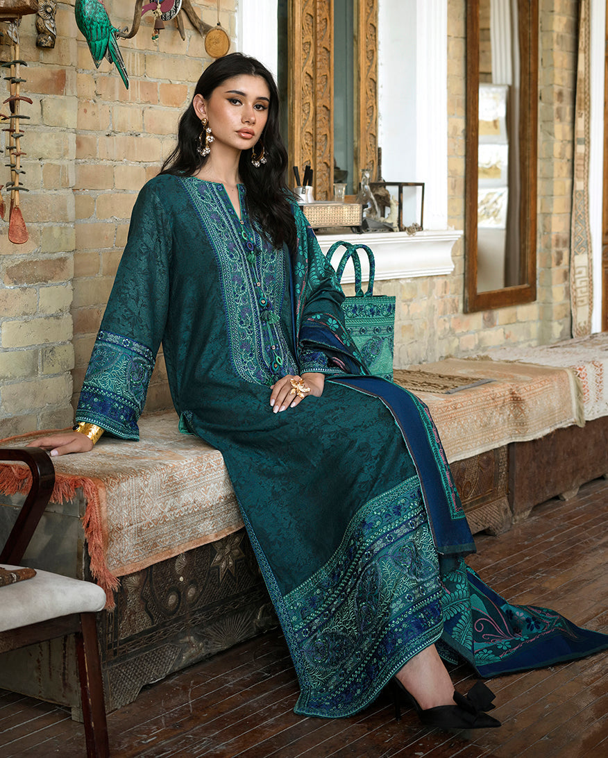 Mushq Broadway Embroidered Jacquard Unstitched 3Pc Suit - Azure Echo
