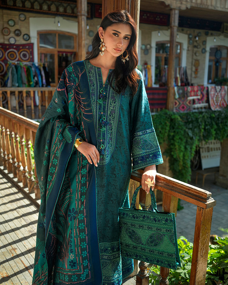 Mushq Broadway Embroidered Jacquard Unstitched 3Pc Suit - Azure Echo