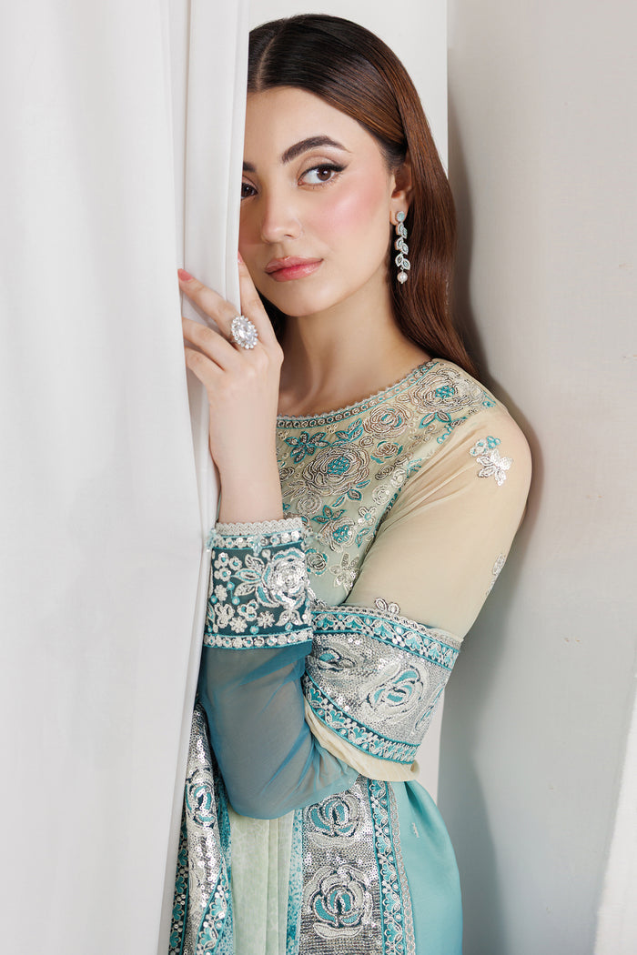 Farasha Fiorella Embroidered Chiffon Unstitched 3Pc Suit - AZURE PEARL