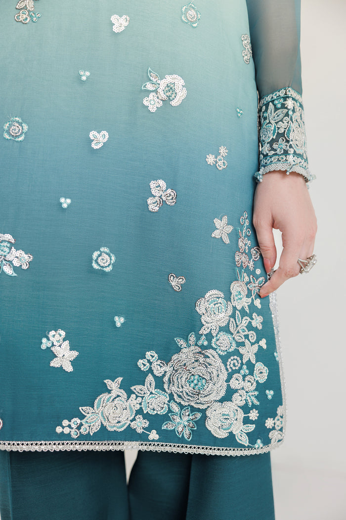 Farasha Fiorella Embroidered Chiffon Unstitched 3Pc Suit - AZURE PEARL