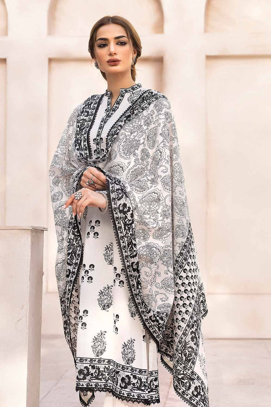 Gul Ahmed Black & White Printed Lawn Unstitched 3Pc Suit B-32026