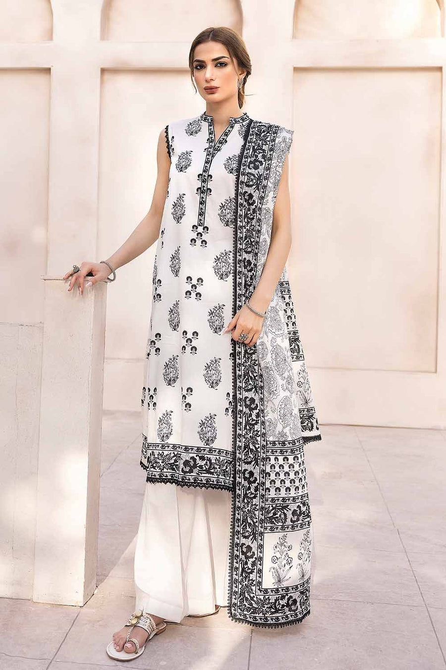 Gul Ahmed Black & White Printed Lawn Unstitched 3Pc Suit B-32026