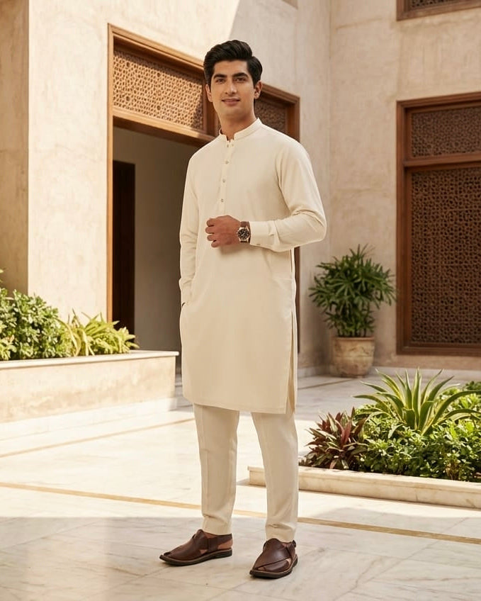 Sky Light by Fabrieco Men's Unstitched Soft Blended Suit - Bone