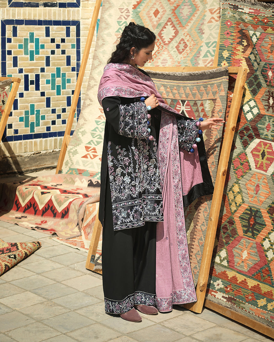 Hemline by Mushq Bukhara Embroidered Linen Unstitched 3Pc Suit - Bazaar Trail