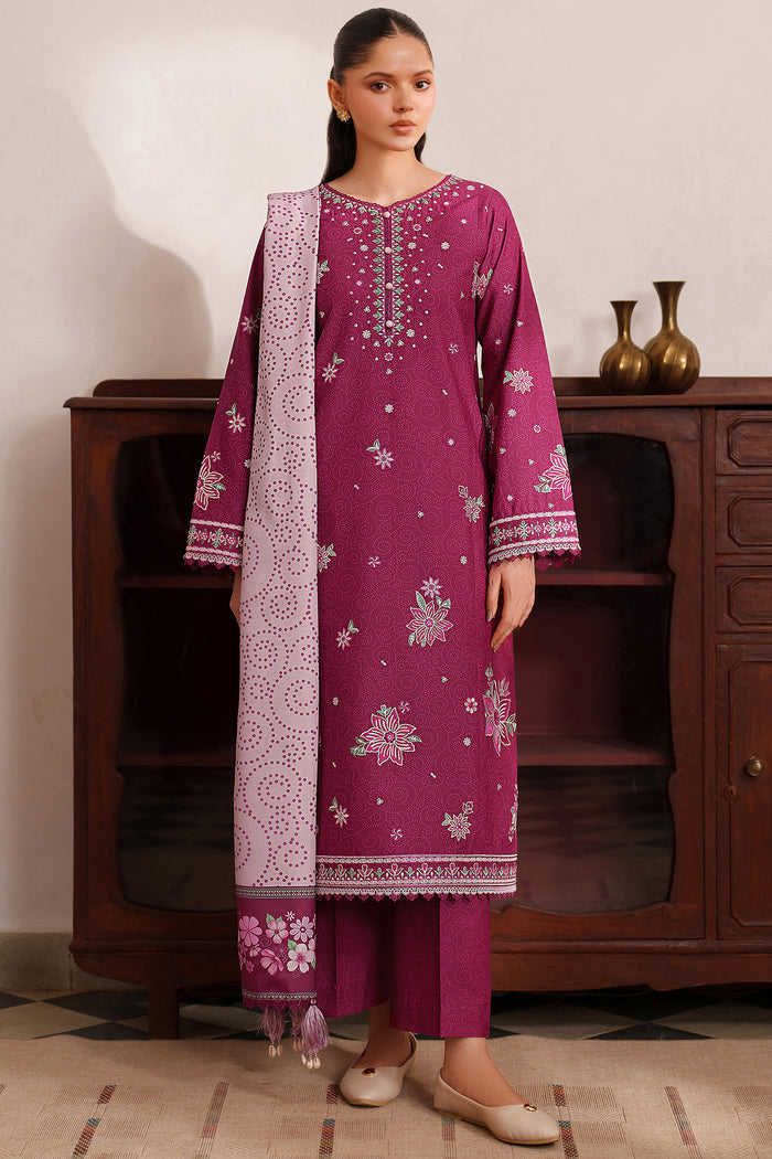 Farasha Meline Embroidered Viscose Unstitched 3Pc Suit - Berry Blush