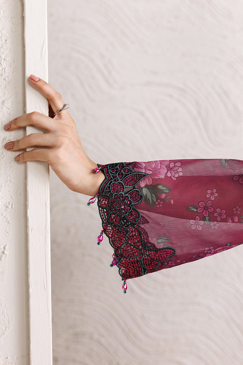 Farasha Fiorella Embroidered Chiffon Unstitched 3Pc Suit - Berry Empire