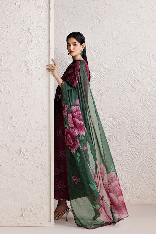 Farasha Fiorella Embroidered Chiffon Unstitched 3Pc Suit - Berry Empire