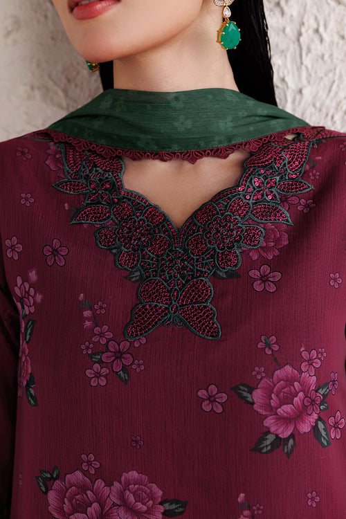 Farasha Fiorella Embroidered Chiffon Unstitched 3Pc Suit - Berry Empire