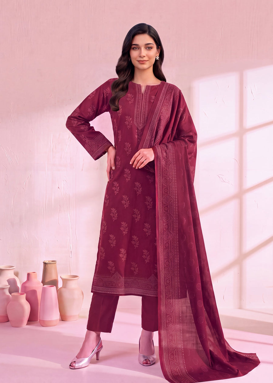 Zeenia Marina Digital Printed Dhanak Marina Unstitched 3Pc Suit JS-07 Berry